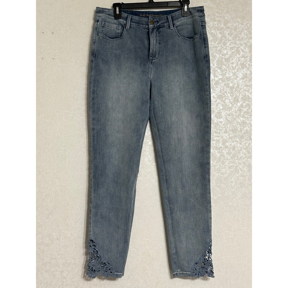 Soft Surroundings Lace Hem Slim Straight Jeans Medium Wash Denim Blue Boho 12T - Picture 4 of 8